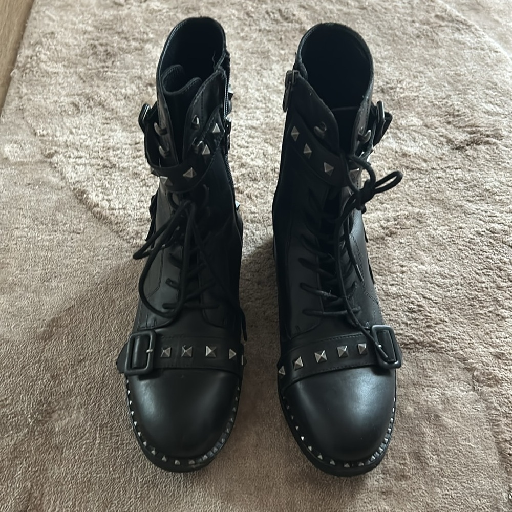 ASH Black Leather Biker Combat Valentino Style Studded Boots 38 - Picture 2 of 6